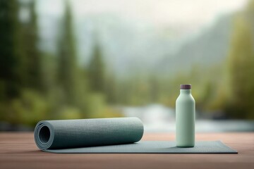 Teal Yoga Mat and Green Bottle on Wooden Surface with Blurred Nature Background