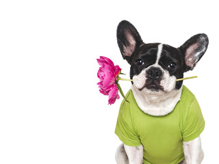 Fototapeta premium Cute puppy and red peony. Close-up, indoors. Studio shot, isolated background. Congratulations for family, relatives, loved ones, friends and colleagues. Pets care concept