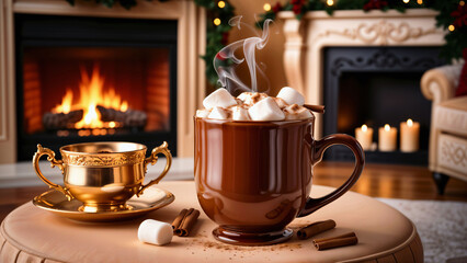 Steaming testy hot cocoa with marshmallows near fireplace in cozy festive setting