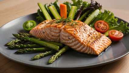 Appetizing Grilled salmon fillet with fresh vegetables on gray plate closeup