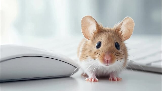 Cute golden mouse sitting on desk near computer mouse and keyboard