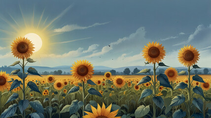 Fototapeta premium Sunflower Field Sunrise, Nature Landscape, Scenic View, Vibrant Flora, Rural Setting