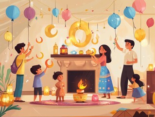 A festive family gathering around a fireplace filled with lit candles and balloons, celebrating in a room adorned with decorations
