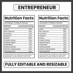 Fototapeta premium entrepreneur nutrition facts startup founder label business owner parody label hustle culture infographic entrepreneur mindset chart entrepreneurship nutrition label startup success traits