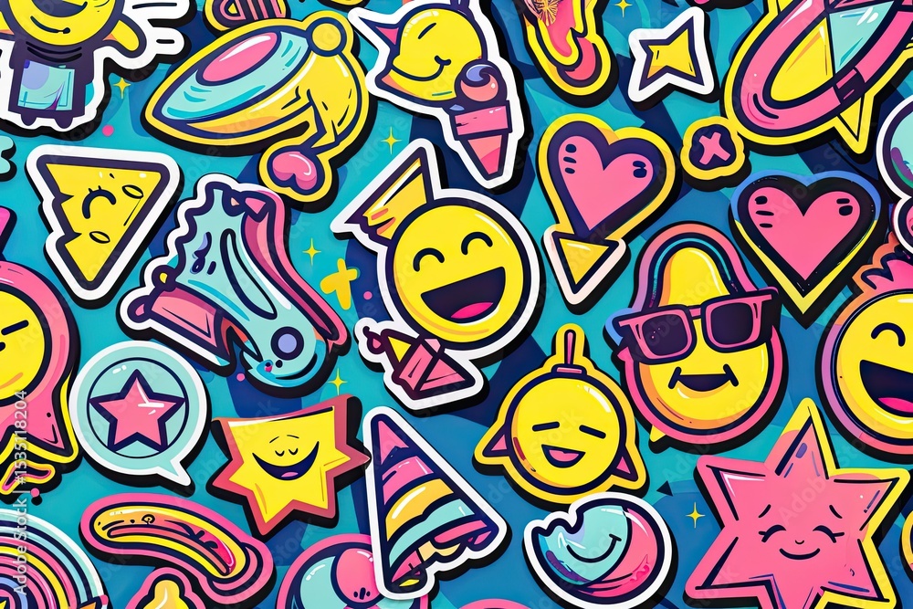 Poster cool hand drawn stickers vector design y2k smile patches retro badges good vibes groovy labels