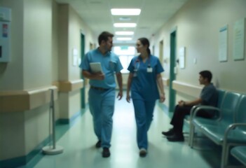 Obraz premium Generative AI Depiction of Blurred Hospital Corridor Medical Professionals
