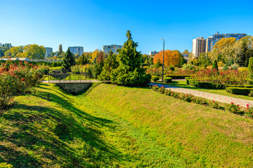 Fototapeta premium A park with a grassy hill and a bench