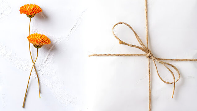 Minimalist wrapped gift package with twine bow and dried orange flowers on white paper. Elegant present tied with string and floral decoration. Flat lay composition for birthdays, holidays, and