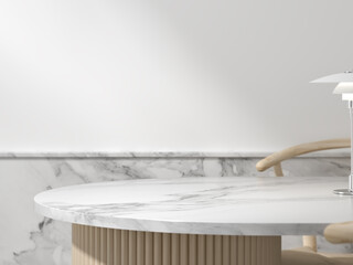 Minimalist marble dining table with wooden chair and soft natural lighting, Space for product presentation display. 3D illustration