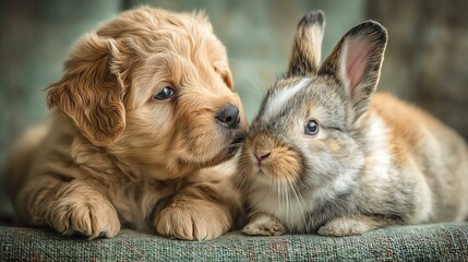 Obraz premium Cute puppy and rabbit snuggling together.
