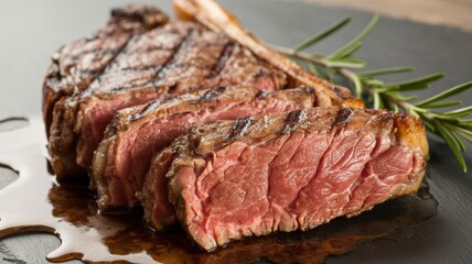 Fototapeta premium Grilled T-Bone Steak with Rosemary Garnish on a Metal Plate