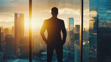 Businessman standing at panoramic window overlooking