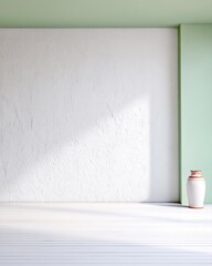 Minimalist White Room with Blue Diagonal Shadow and White Vase