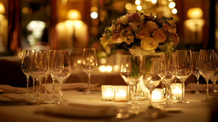 Elegant Wedding Reception Decor Wine Glasses and Floral Centerpiece with Candle Lights in Romantic Ambience