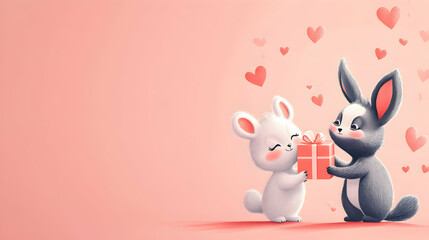 Rabbit Valentine Day Gift Bunny Love Heart Pink Background Cute Cartoon Animal Celebration Festive Romance
