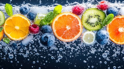 Fruit Burst in Aqua: A vibrant and refreshing collection of sliced fruits and icy fragments dances in crystal-clear water, a symphony of color and refreshment.