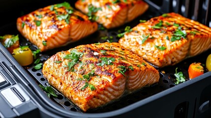 Culinary Delight: A tantalizing close-up showcasing perfectly grilled salmon fillets, garnished with fresh herbs, resting on a modern cooking surface.