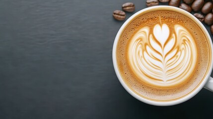 Latte Art Delight: A close-up shot captures the artistic flair of a latte, with a beautiful heart-shaped design adorning its surface, accompanied by roasted coffee beans. 