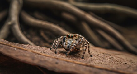 Tiny Jumping Spider with Green Eyes on Brown Leaf Closeup