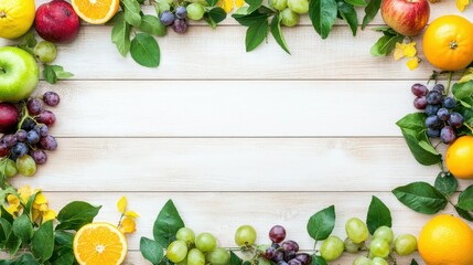 Fruit Frame on Wooden Table: A vibrant frame of fresh fruits – apples, oranges, and grapes – surrounds a blank space on a rustic wooden table, perfect for adding text or a logo.