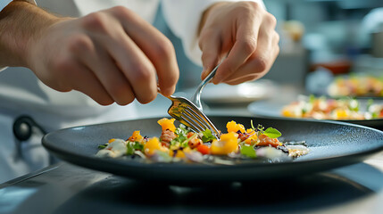 Chef meticulously plating a colorful salad with precision and care