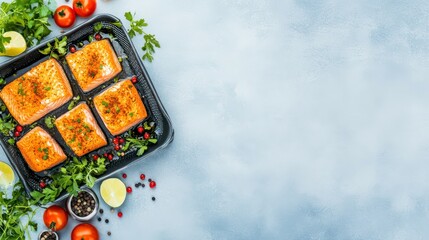Salmon Delight: A culinary masterpiece awaits, as perfectly seasoned salmon fillets, nestled amidst vibrant greenery and colorful accompaniments, sit ready for a delightful dining experience.