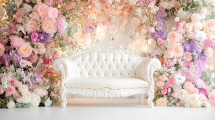White Sofa Amidst Blossoms: An elegant white chaise lounge sits serenely amidst a vibrant profusion of pink, purple, and white blossoms, creating a romantic and dreamy atmosphere.