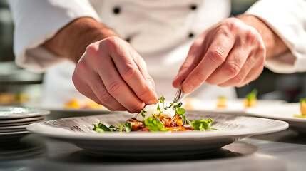 Chef meticulously garnishing a plated dish with fresh herbs and edible flowers