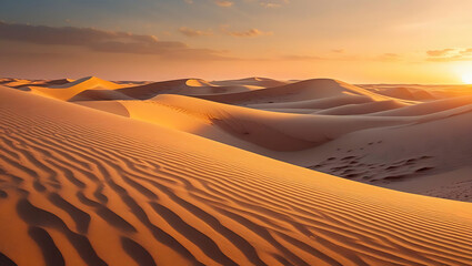 Sunset over sandy desert dunes with orange sky