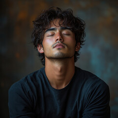 Man with closed eyes, head tilted.