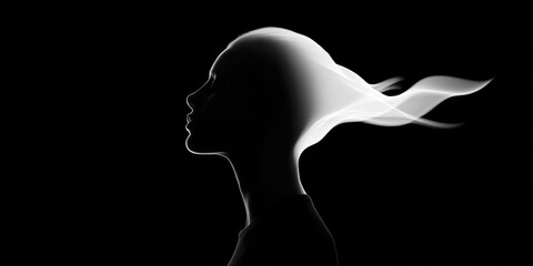 Silhouette of a woman with flowing hair, captured against a dark background, showcasing ethereal movement and a sense of freedom, embodying grace and beauty in a minimalist style