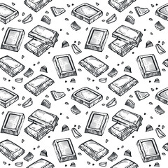 Chocolate, chocolate slices and pieces, chocolate bar, all objects are hand drawn in vector in dark gray. Seamless vector pattern. Suitable for printing on fabric, paper, for packaging goods.