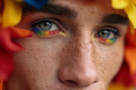 Close-up of eyes with rainbow makeup and petals, Freckled man with colorful pride eye shadow, Ideal for diversity and celebration visuals