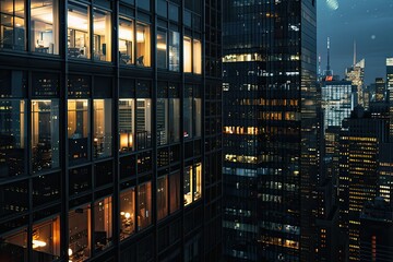 Premium Quality Image of Modern Nyc Office Building at Night with Lit Windows