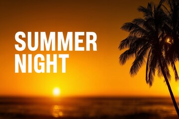 Tropical sunset with palm tree silhouette, Golden evening beach scene, Concept for romantic summer nights