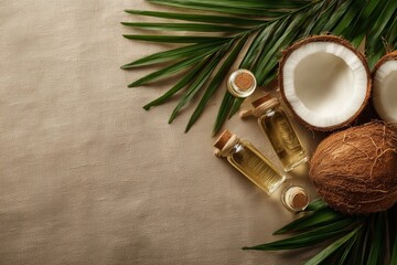 Natural Coconut Oil in Glass Bottles with Fresh Halved Coconuts and Palm Leaves on Textured Linen Surface with Copy Space.
