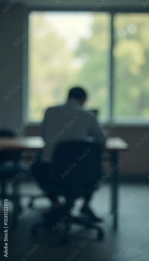 Poster generative ai depicts a blurred figure working at a desk near a window