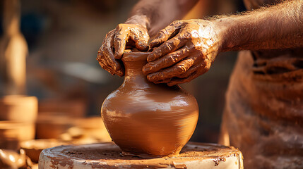 Potter shaping clay on a pottery wheel, creating a vase