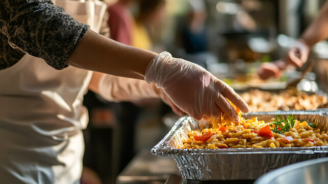 Volunteer preparing a meal with pasta and vegetables in a community kitchen