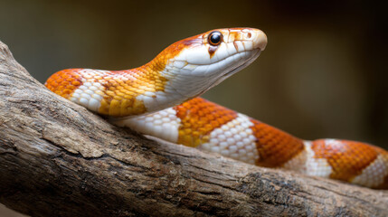Fototapeta premium A vibrant orange and white corn snake is perched on a natural wood branch, revealing its striking scales and attentive expression