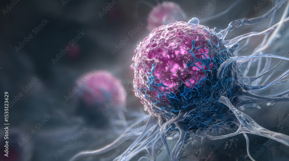 Poster detailed representation of abstract medical cells with distinct structures and colors, highlighting 