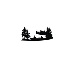 A silhouette of a canoe on a river cutting through a forest on white background