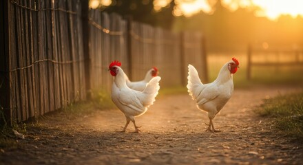 Fototapeta premium White Chickens Walking on Sunny Farm Path at Sunset