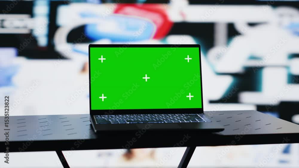 Poster screen running copy space mockup on laptop next to social network apps, modern web design and user i
