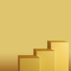 Luxurious and elegant golden step box pedestal studio backdrop. Glossy, reflective product display stand. Showcase platform podium advertisement products fashion cosmetics skincare. 3D Illustration.