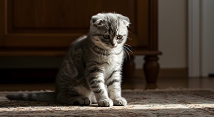A gray tabby kitten sits on a rug looking down with slightly floppy ears