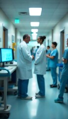 Generative AI Depicts Blurred Hospital Corridor Scene of Doctors in Discussion