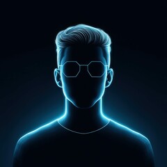 Obraz premium A futuristic neon illustration of a man wearing glasses. The figure is illuminated in glowing blue, suggesting technology or digital representation.