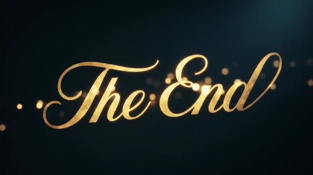 'The End' title in elegant gold script on a black background, glowing gracefully, cinematic, sophisticated, rich texture, dramatic lighting, perfect for closing a film or video.
