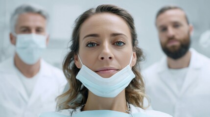 A woman at the dentist with her mask pulled down. Two dentists are behind her, one wearing a mask and the other with a beard.